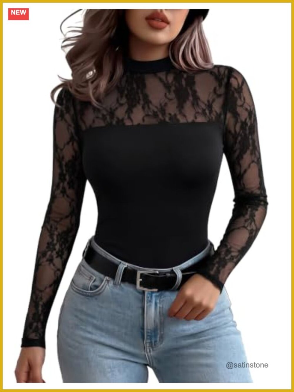 Women's Long Sleeve Lace Sheer Blouse Mesh Top